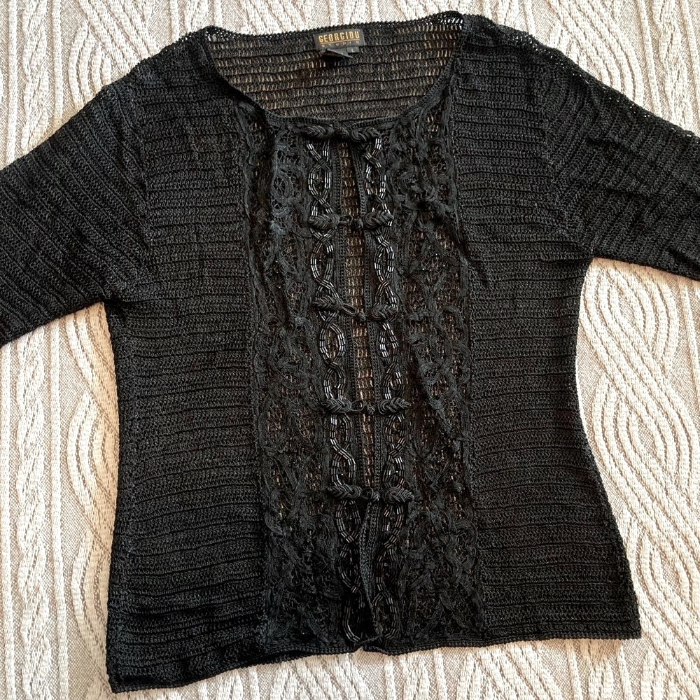 Black Crocheted Beaded Cardigan Shell Size Large